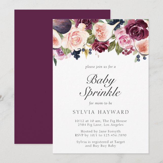 Moody Plum Floral and Fig Girl Baby Sprinkle Invitation (Front/Back)