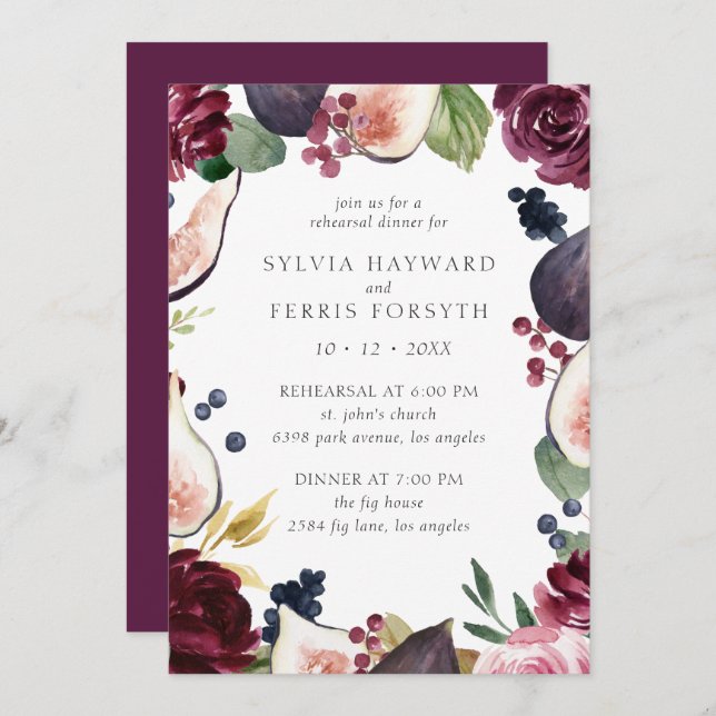 Moody Plum Floral and Fig Rehearsal Dinner Invitation (Front/Back)