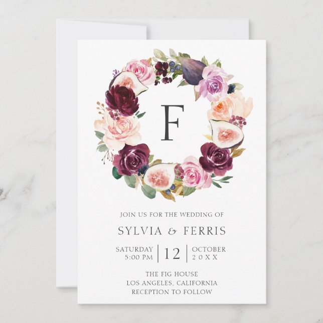 Moody Plum Floral and Fig Wreath Monogram Wedding Invitation (Front)