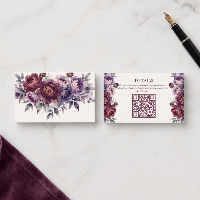 Moody Plum Floral QR Code Wedding Website Details Enclosure Card (Creator Uploaded)
