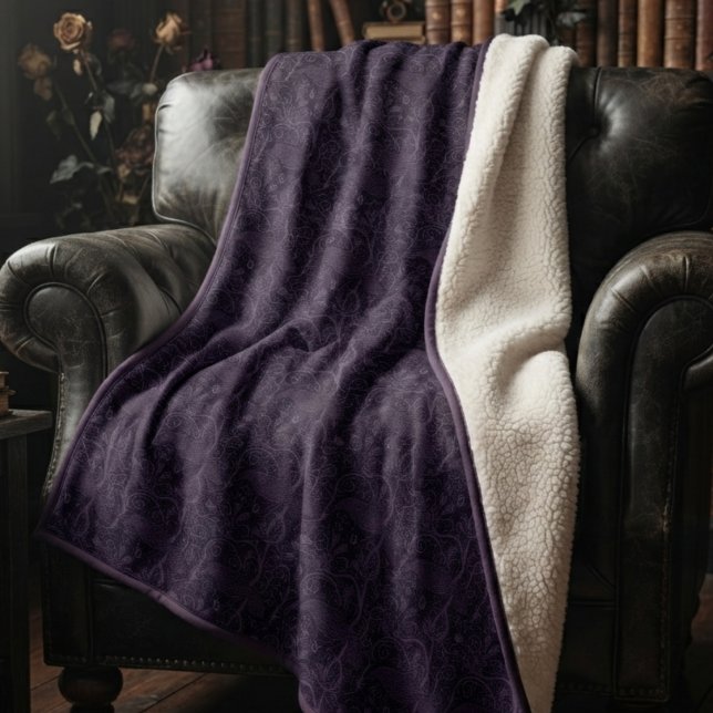 Moody Plum Gothic Damask Pattern Sherpa Blanket (Gothic damask sherpa blanket with cream backing for dark academia birthday celebrations.)