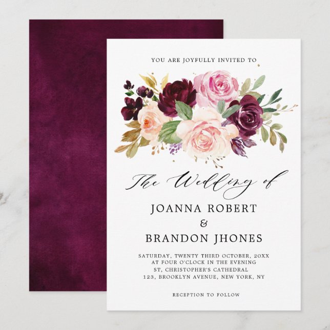 Moody Plum Purple Blush Pink Rose Floral Wedding Invitation (Front/Back)