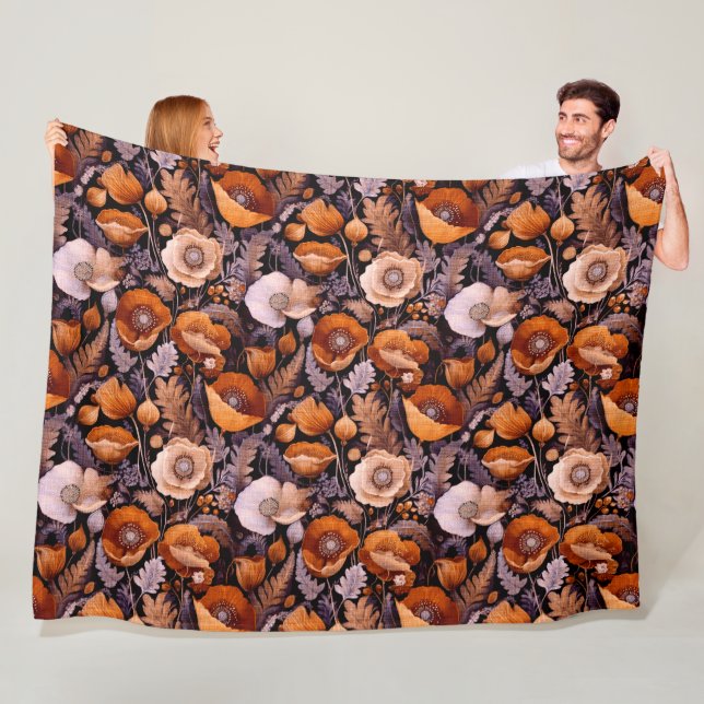 Moody poppies on black pattern fleece blanket (In Situ)