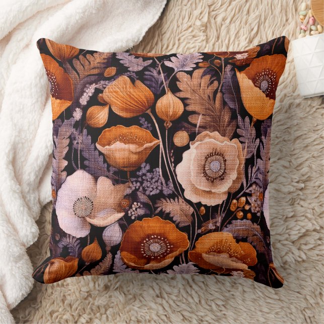 Moody poppies on black pattern throw pillow (Blanket)
