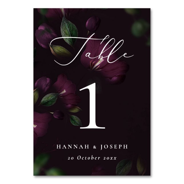 Moody Purple Bloom Gothic Calligraphy Wedding  Table Number (Back)