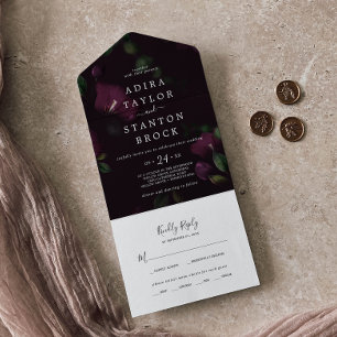 Moody Purple Blooms   Black Pattern Wedding All In One Invitation
