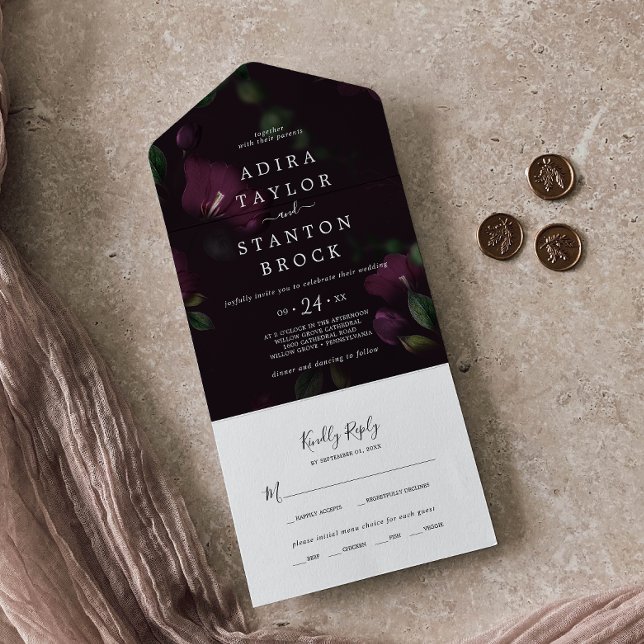 Moody Purple Blooms | Black Pattern Wedding All In One Invitation (Creator Uploaded)