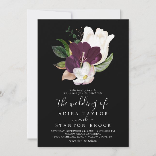 Moody Purple Blooms | Black The Wedding Of Invitation (Front)