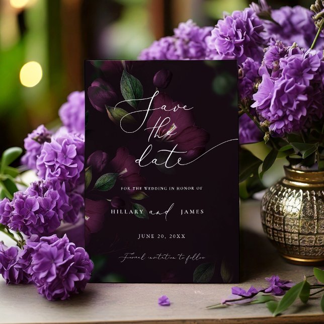 Moody Purple Blooms Calligraphy Save the date  Invitation (Creator Uploaded)