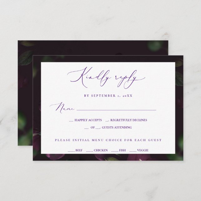 Moody Purple Blooms Gothic Wedding RSVP Card (Front/Back)