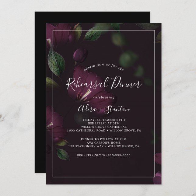 Moody Purple Blooms Pattern Rehearsal Dinner Invitation (Front/Back)