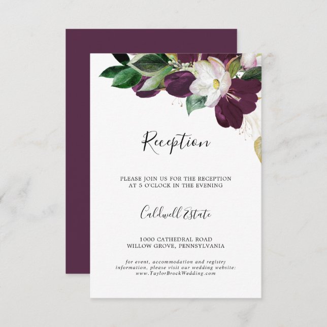 Moody Purple Blooms Wedding Reception Insert Card (Front/Back)
