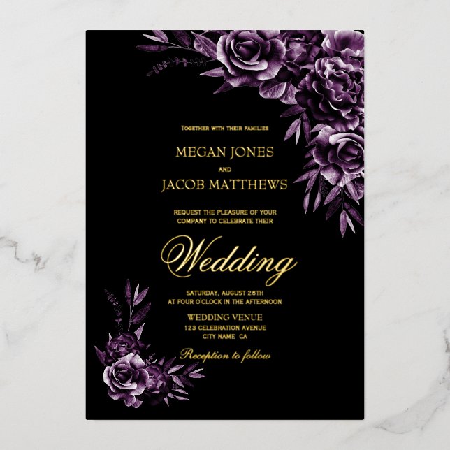 Moody Purple Floral Gold Text Wedding (Front)