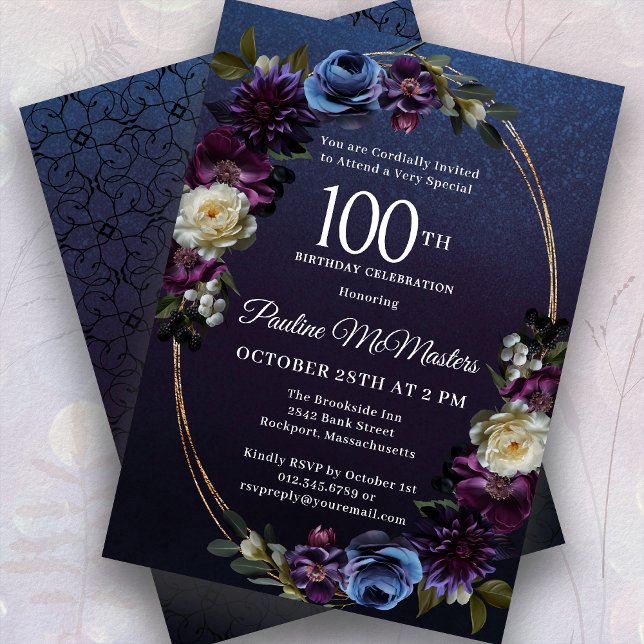 Moody Purple Flowers 100th Birthday Party Invitation (Creator Uploaded)