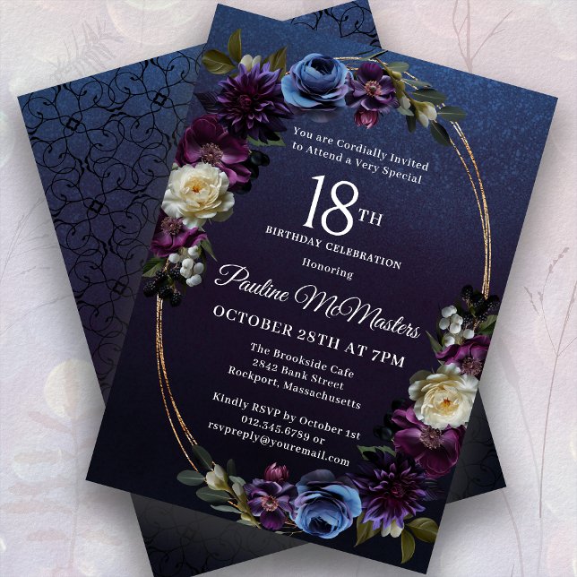 Moody Purple Flowers 18th Birthday Party Invitation (Creator Uploaded)