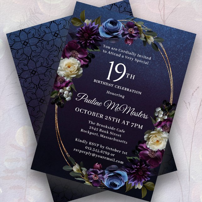 Moody Purple Flowers 19th Birthday Party Invitation (Creator Uploaded)