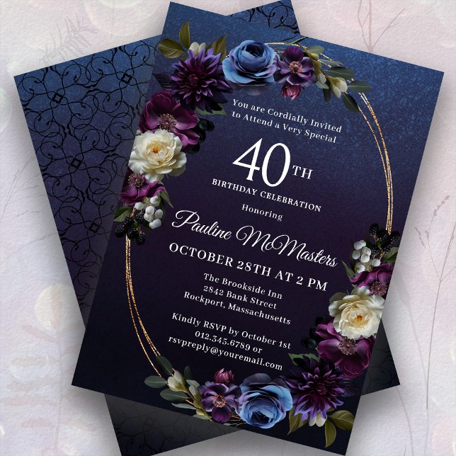 Moody Purple Flowers 40th Birthday Party Invitation (Creator Uploaded)