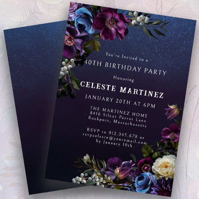 Moody Purple Flowers 40th Birthday Party Invitation (Creator Uploaded)