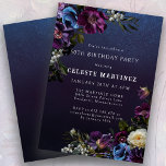 Moody Purple Flowers 50th Birthday Party Invitation<br><div class="desc">Deep purple flowers with pops of white and blue create a moody winter palette. They are nestled in dark green and black foliage. The dark blue watercolor background gives it a gothic vibe and frames the flowers perfectly. It also makes the white text pop. This 50th birthday invitation is downloadable...</div>