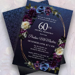 Moody Purple Flowers 60th Birthday Party Invitation<br><div class="desc">Sophisticated and moody dark purple roses and wildflowers create a chic floral design. Pops of white and blue add visual interest and depth. Berries and fruit add to the sultry design. Together, they decorate an elegant multi-strand oval gold frame. The invitation back has a subtle geometric vintage pattern. This 60th...</div>