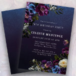 Moody Purple Flowers 70th Birthday Party Invitation<br><div class="desc">Deep purple flowers with pops of white and blue create a moody winter palette. They are nestled in dark green and black foliage. The dark blue watercolor background gives it a gothic vibe and frames the flowers perfectly. It also makes the white text pop. This 70th birthday invitation is downloadable...</div>