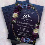 Moody Purple Flowers 80th Birthday Party Invitation<br><div class="desc">Sophisticated and moody dark purple roses and wildflowers create a chic floral design. Pops of white and blue add visual interest and depth. Berries and fruit add to the sultry design. Together, they decorate an elegant multi-strand oval gold frame. The invitation back has a subtle geometric vintage pattern. This 80th...</div>