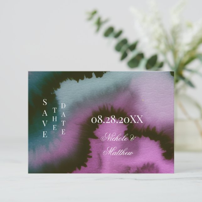 Moody Purple & Teal Abstract Wedding Save The Date (Standing Front)