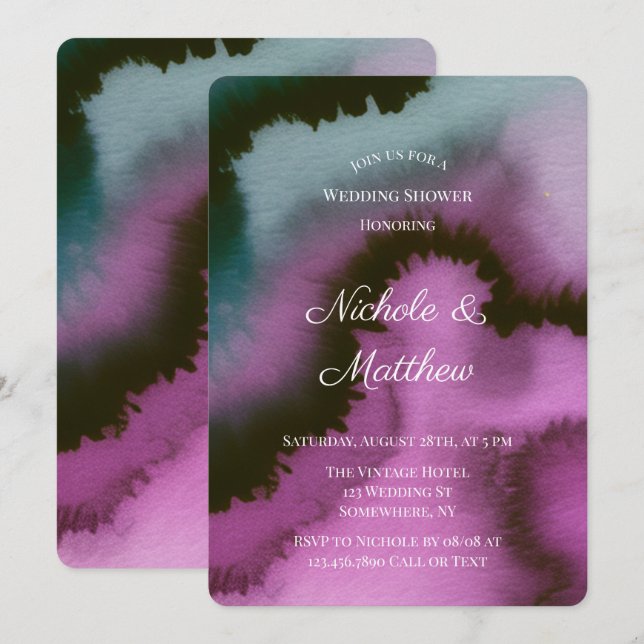 Moody Purple & Teal Abstract Wedding Shower Invitation (Front/Back)