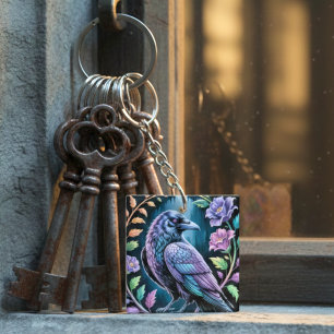 Moody Raven Dark Academia Floral Keychain