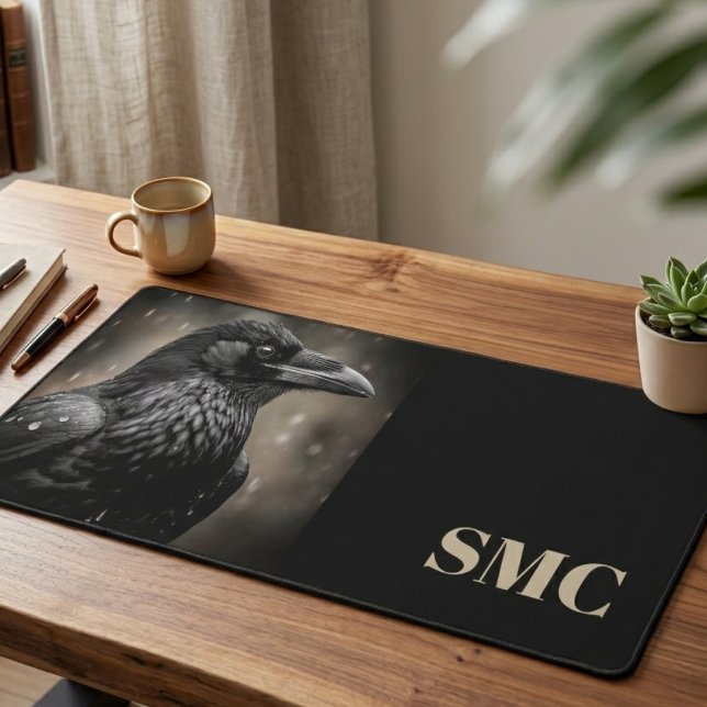 Moody Raven with Monogram Desk Mat (Here is a sleek raven and monogram desk mat, a unique gift for anyone who works from home.)