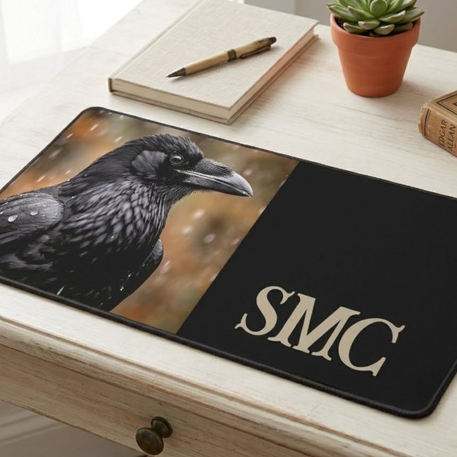 Moody Raven with Monogram Desk Mat (A moody raven desk mat with a personal monogram, perfect for a gothic home office upgrade.)