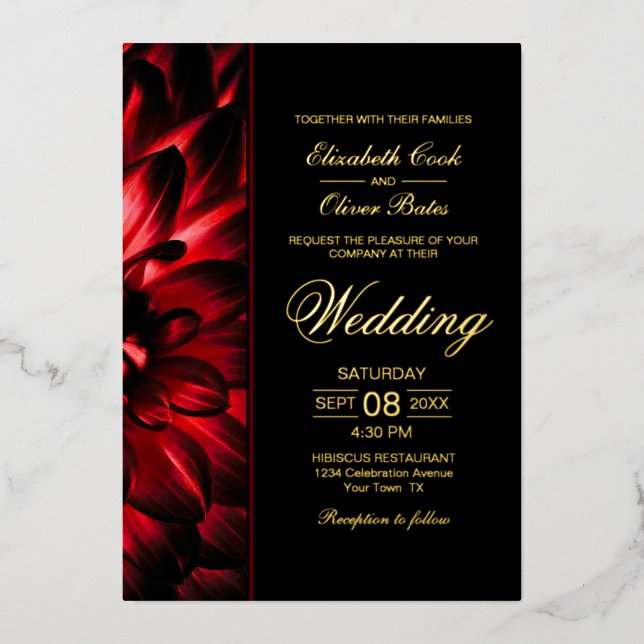 Moody Red Dahlia Floral Gold Text Wedding (Front)
