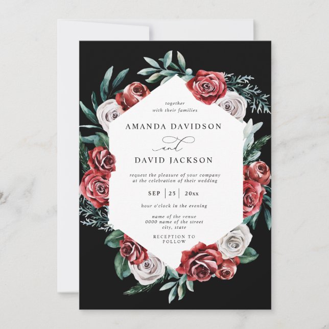 Moody Red Floral Greenery Elegant Wedding Invitation (Front)