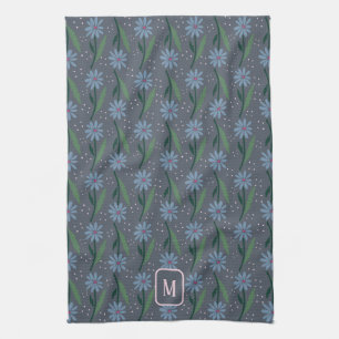 Moody Retro Blue Daisy Cottagecore Monogram Kitche Kitchen Towel
