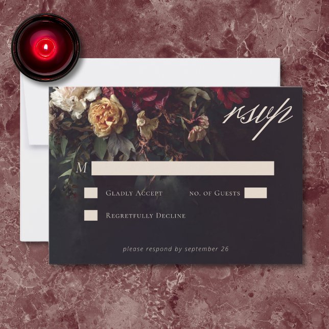 Moody Romantic Dark Floral Gothic Wedding RSVP Card (Creator Uploaded)