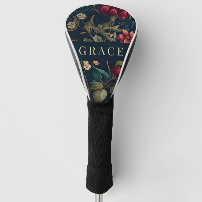 Moody Romantic Navy Blue Floral Golf Head Cover (Front)