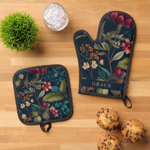 Moody Romantic Navy Blue Floral Oven Mitt & Pot Holder Set