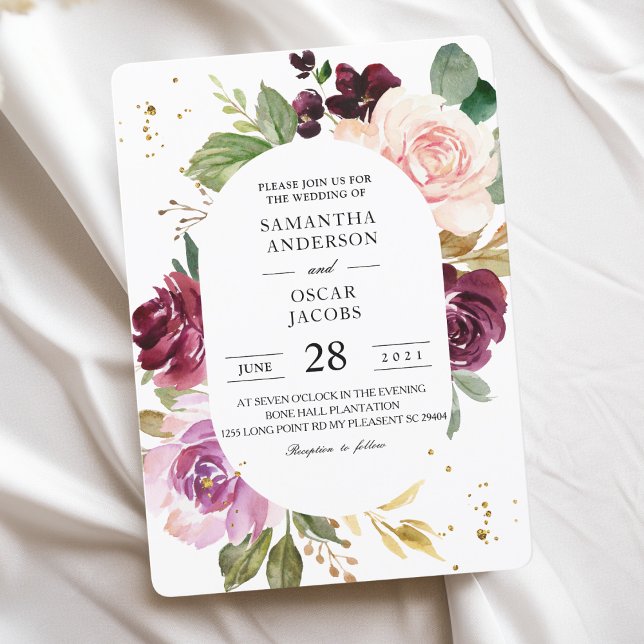 Moody & Rustic Burgundy Watercolor Flowers Frame  Invitation (Creator Uploaded)