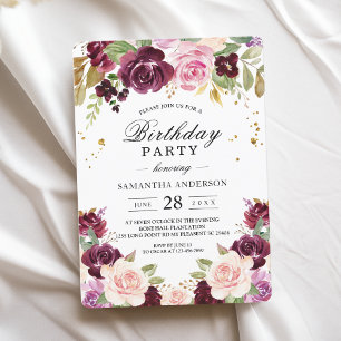 Moody & Rustic Burgundy Watercolor Flowers & Leaf Invitation