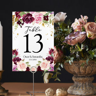 Moody & Rustic Burgundy Watercolor Flowers & Leaf Table Number