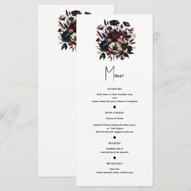 Moody Rustic Garden Florals Bohemian Wedding Menu (Front/Back)