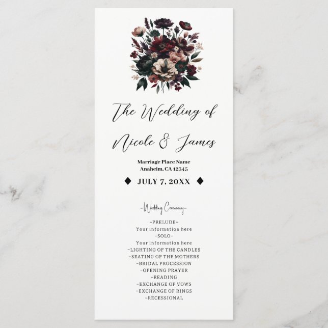 Moody Rustic Garden Florals Bohemian Wedding  Program (Front)