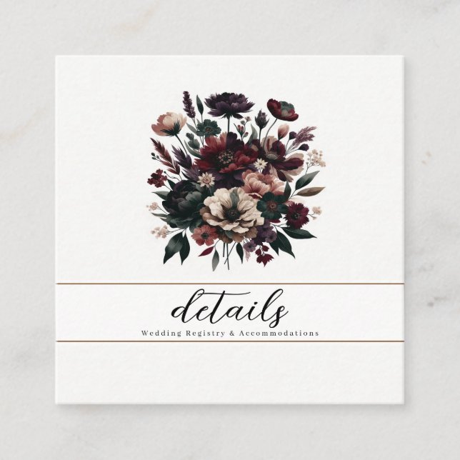 Moody Rustic Garden Florals Bohemian Wedding  Square Business Card (Front)