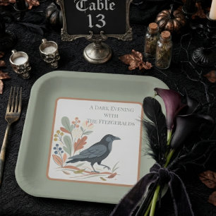 Moody Sage Folk Art Raven Paper Plate