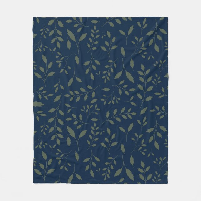 Moody Sage Green Leaves Navy Pattern Fleece Blanket (Front)