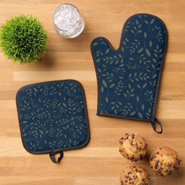Moody Sage Green Leaves Navy Pattern Oven Mitt & Pot Holder Set (Top Down)