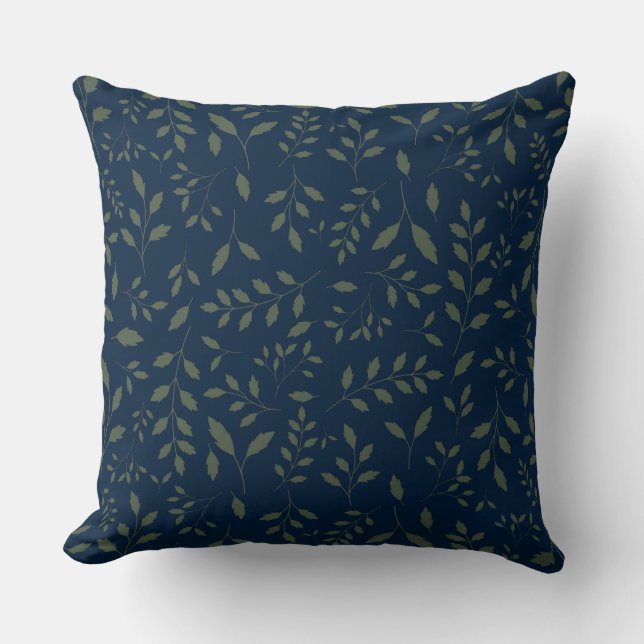 Moody Sage Green Leaves Navy Pattern Throw Pillow (Front)