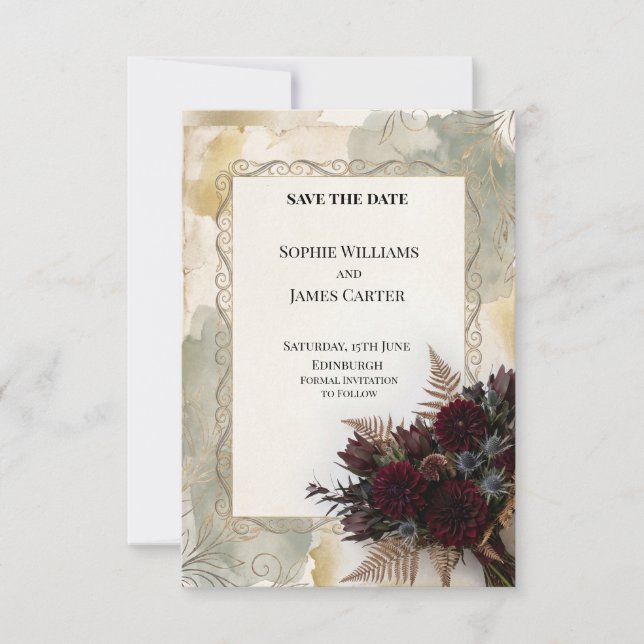 Moody Sage Thistle Fern Save the Date Card (Front)