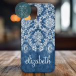 Moody Sapphire Blue Vintage Damask Pattern Name iPhone 16 Case<br><div class="desc">A vintage pattern with a trendy design with jewel tone colours and elegance. Items are easier to customize when you replace all text and photos first. If your art still needs to be adjusted, click on the Customize This button. This will take you to a design area where you can...</div>