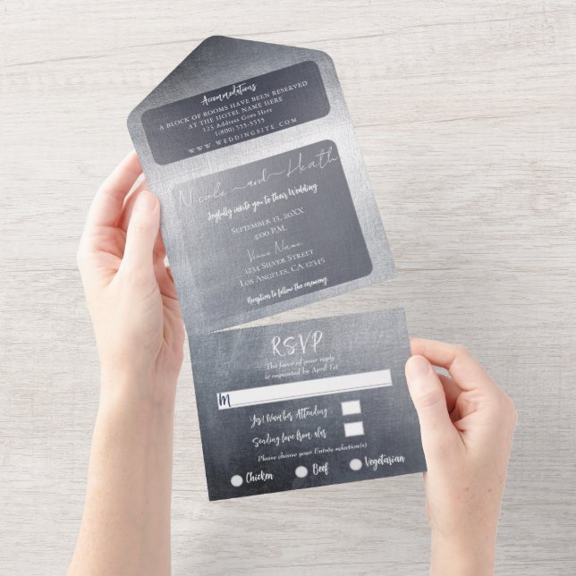 Moody Silver Glam Modern Elegant Wedding    All In One Invitation (Tearaway)